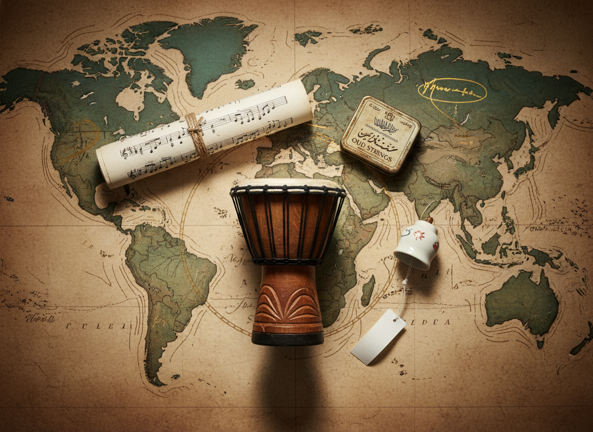 A cinematic still life representing international influences: a map-themed background on textured parchment, over which rest several carefully arranged objects—a classical sheet of music, a compact African djembe, a small porcelain Japanese wind chime, and a slim tin of Middle Eastern oud strings. Subtle gold-inked annotations circle different regions on the map. Overhead softbox lighting mimics natural daylight, creating even illumination with delicate shadows that define each object’s form. Photographic realism, top-down composition with balanced spacing, evoking a cultured, globally aware musical aesthetic that feels both scholarly and artistically adventurous.
