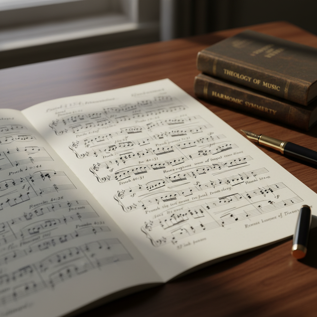 A close-up of an intricate orchestral score spread across a dark walnut table, the cream-colored pages marked with delicate dynamics, articulations, and handwritten cues referencing scriptural verses in the margins. Beside the score lies a finely crafted fountain pen, its nib catching the light, and a small stack of worn reference books with gilded titles. Soft, diffused afternoon daylight filters through an unseen window, creating gentle, elongated shadows. Photographic realism with a shallow depth of field keeps the central staves and text in crisp focus while the page edges fall into softness, conveying a contemplative, intellectual mood ideal for a sophisticated composer’s site.