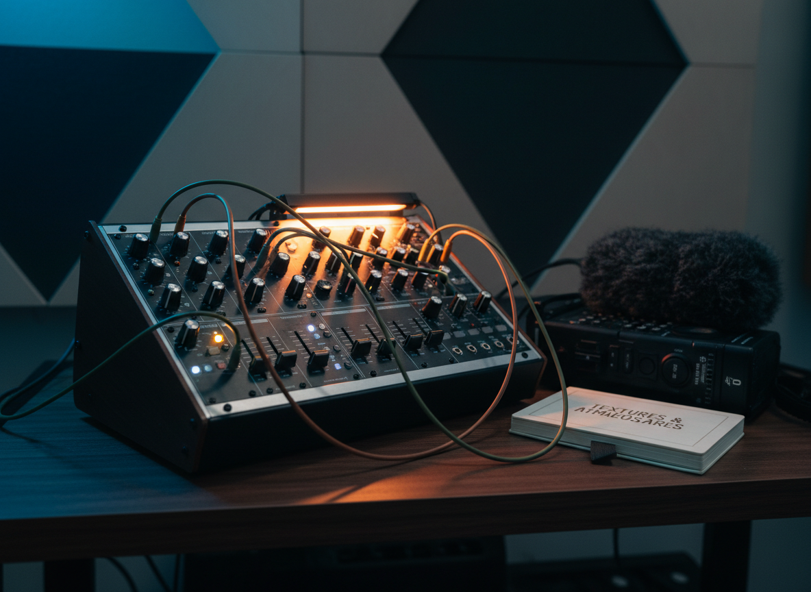 An evocative ambience-music workspace: a compact modular synthesizer with patch cables in subtle earth tones weaves across a grid of knobs and tiny glowing LEDs, set on a dark walnut shelf. Next to it sits a field recorder and a small notebook labeled “Textures & Atmospheres.” The background shows a blurred wall of acoustic diffusion panels in geometric patterns. Cool, low-intensity side lighting and a single warm accent light on the synth create a sophisticated contrast of blue and amber tones. Photographic realism, close-up three-quarter angle, emphasizing tactile details and suggesting careful crafting of immersive ambient soundscapes.