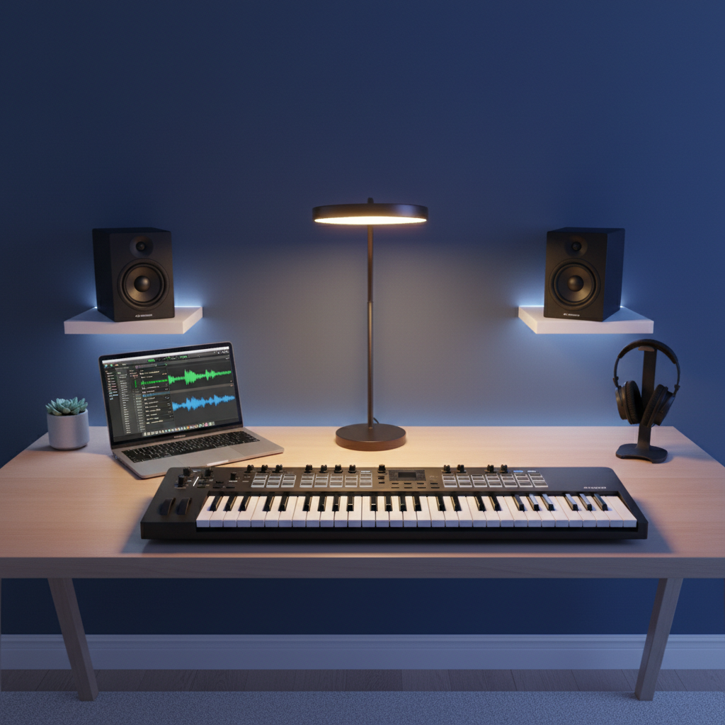 A minimalist home studio corner featuring a compact MIDI keyboard controller with sleek white and black keys, connected to a slim laptop showing a cinematic scoring project, with waveform peaks and orchestral track names visible. Two small studio monitors flank the setup on floating shelves against a matte deep-blue wall. Ambient LED backlighting casts a subtle gradient glow behind the equipment, while a single warm desk lamp provides focused light on the keyboard surface, highlighting its textured knobs and sliders. Photographic realism, straight-on composition with clean lines and ample negative space, creating a calm, modern atmosphere suitable for contemporary CCM and film score creation.