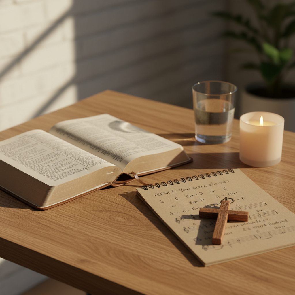 A refined worship music vignette: a beautifully aged leather Bible lies open on a natural oak table, beside a neatly arranged notebook filled with carefully written song lyrics, chord symbols, and melodic sketches. A simple wooden cross pendant rests atop the notebook, its surface slightly worn and matte. A small glass of water and a burning soy candle in a frosted holder complete the scene. Soft morning light pours in from the left, casting gentle shadows and a peaceful glow across the pages. Photographic realism, eye-level composition with shallow depth of field, evoking a serene, reverent atmosphere suited to contemporary worship songwriting.