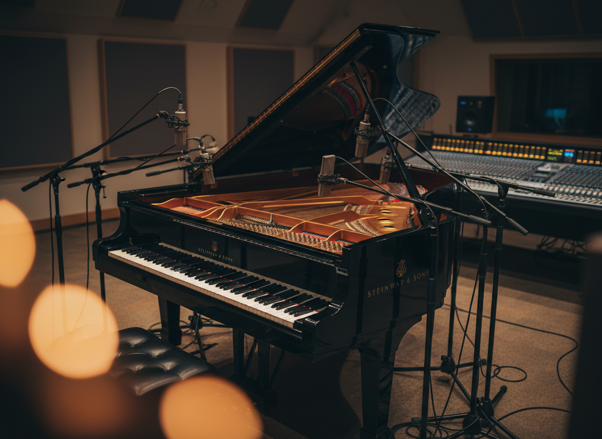 A grand concert piano with a polished black lacquer finish, its open lid revealing gleaming strings and hammers, stands alone in a dimly lit recording studio. Around it, high-end microphones on matte black stands arc gracefully, with coiled cables leading to a sleek mixing console in the background. Soft, warm studio spotlights from above create subtle reflections along the piano’s curved body and pick out the gold of the brand plate, while the rest of the room falls into a gentle bokeh. Photographic realism, eye-level composition with a shallow depth of field, conveying a sophisticated, cinematic atmosphere that suggests serious composition and recording work.
