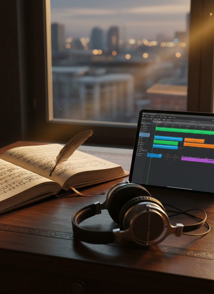 An elegant wooden composer’s desk holds an open leather-bound manuscript book filled with neatly written musical notation, next to a tablet displaying a modern DAW interface with colorful audio tracks. A pair of high-quality studio headphones rests on the desk’s edge, their metal and leather surfaces richly textured. The desk sits near a large window overlooking a softly blurred cityscape at dusk. Golden hour light streams in, creating luminous streaks across manuscript pages and subtle reflections on the tablet screen. Photographic realism, shot from a slightly elevated angle with rule-of-thirds composition, evoking a refined blend of classical tradition and contemporary music production.