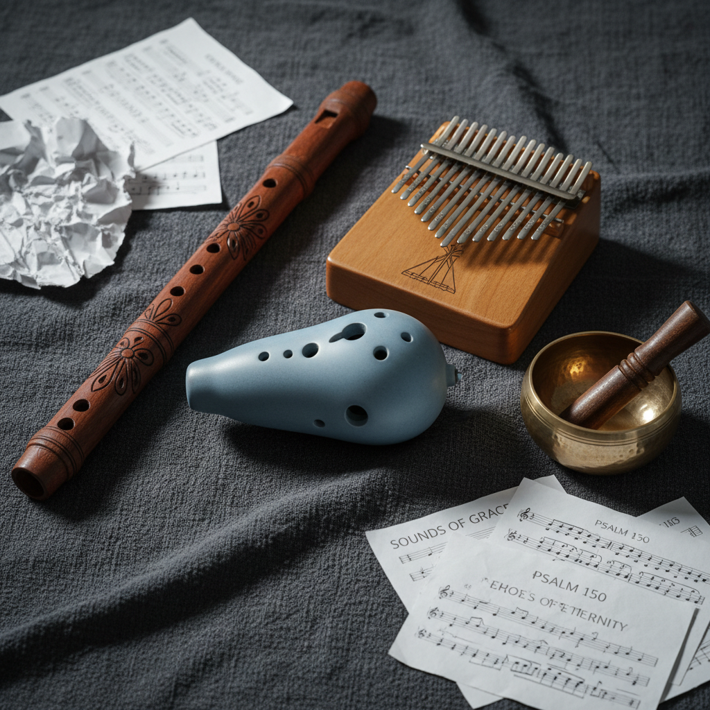 An atmospheric soundscape still life: a cluster of small world instruments arranged on a dark linen cloth—an ocarina with a matte ceramic surface, a wooden kalimba with metal tines, a hand-carved flute with subtle etchings, and a compact metallic singing bowl. Surrounding them are scattered sheets of chord charts and lyric fragments featuring poetic, scripture-inspired lines. Cool, diffused side lighting from an unseen source skims across the varied textures, emphasizing grain, metal sheen, and ceramic smoothness. Photographic realism, captured from a slightly elevated angle with soft focus toward the edges, evoking an introspective, international, and spiritually infused musical palette.