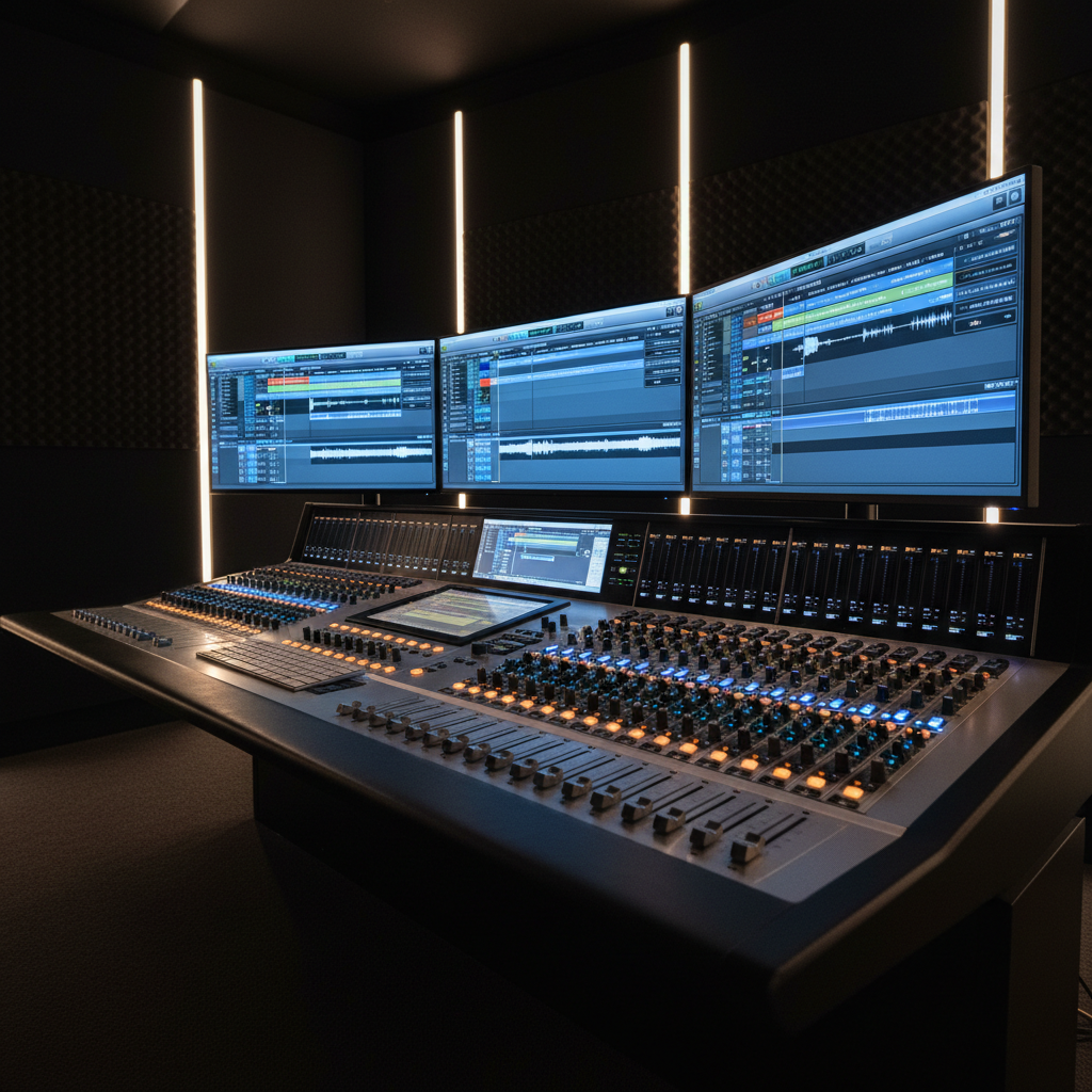 A sophisticated mixing console view tailored for film scoring: multiple large computer screens display an orchestral session with visible track names such as strings, brass, ambient textures, and choir pads. Below, a wide control surface bristles with motorized faders and glowing soft-blue and amber LEDs. The console sits in a darkened control room, with acoustic panels and diffused wall lights creating a cinematic ambiance. Only the equipment is visible, no chairs or people. Photographic realism, low-angle three-quarter view, with the monitors as the focal point and the rest fading into tasteful blur, suggesting meticulous craftsmanship and sonic detail.